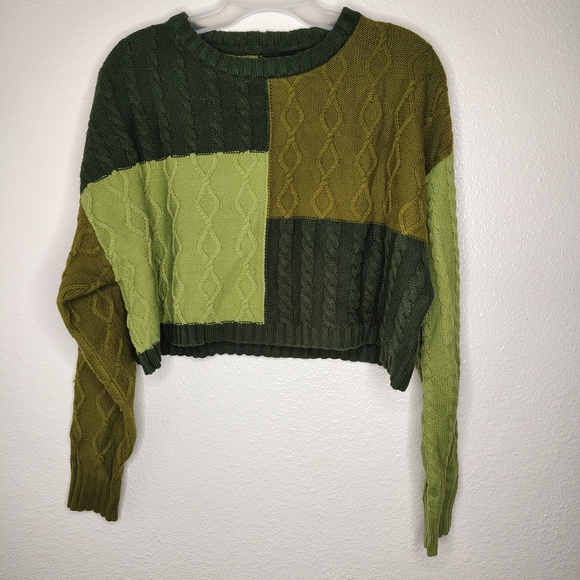Empyre Green Crew Neck Sweater with Geometric Cable Knit Sz S - Picture 2 of 12